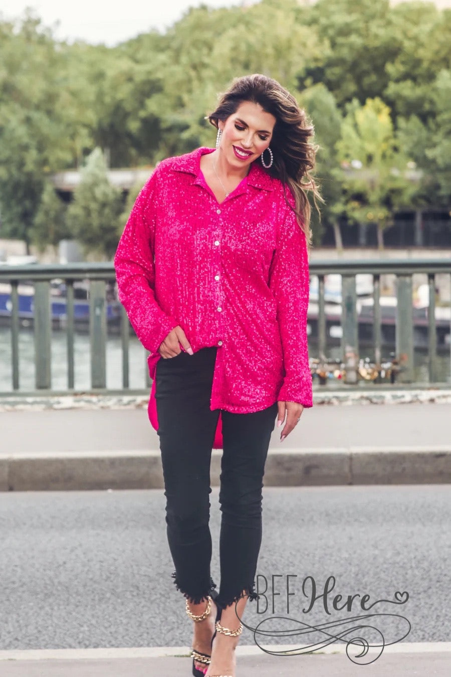Attention Seeker Sequin Button Up Top — Hot Pink - BFF Here
