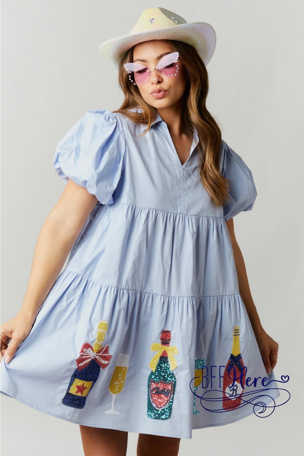 Bubbly Elegance: Champagne Sequin Patch Babydoll Mini Dress - BFF Here