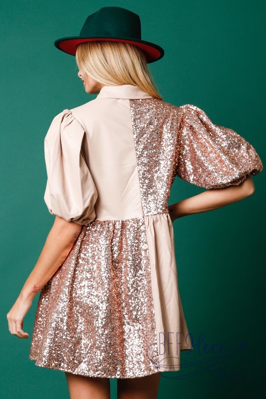 Dazzling Diva: Sequined Top & Faux Leather Babydoll Dress - BFF Here