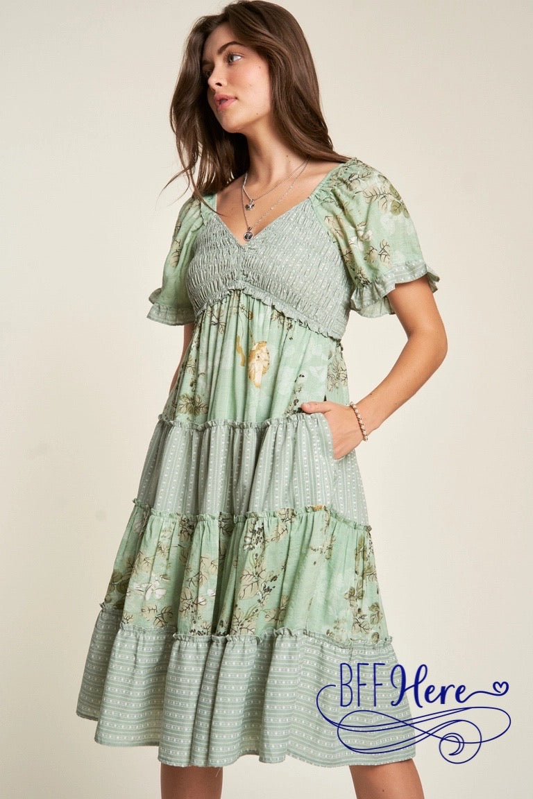 PREORDER: Botanical Bliss: Striped & Floral Smocked Ruffle-Tiered Dress (Ships Middle of February) - BFF Here