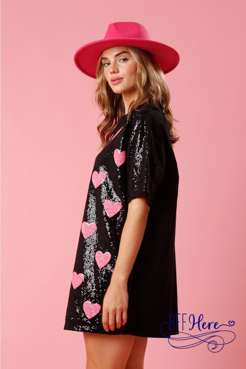 Blushing Hearts: Pink Sequin Shirt Dress - BFF Here