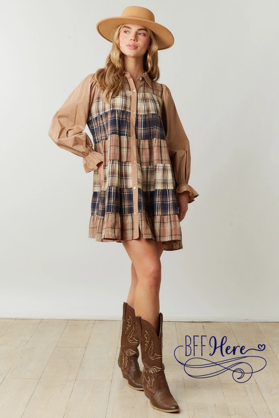 Checkered Charm: Plaid Block Shirt Dress - BFF Here