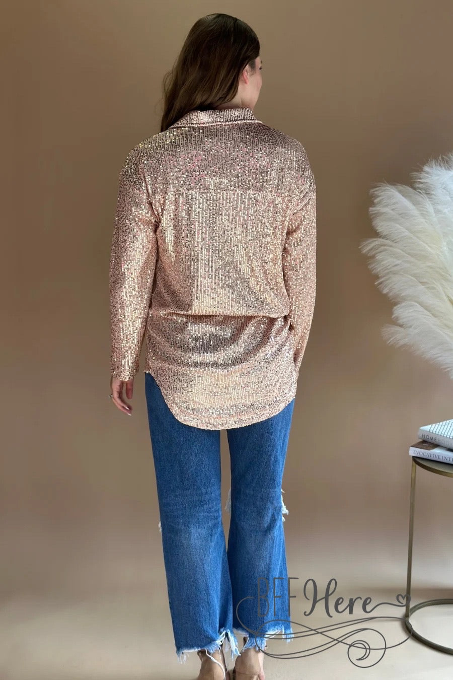Attention Seeker Sequin Button Up Top — Rose Gold - BFF Here
