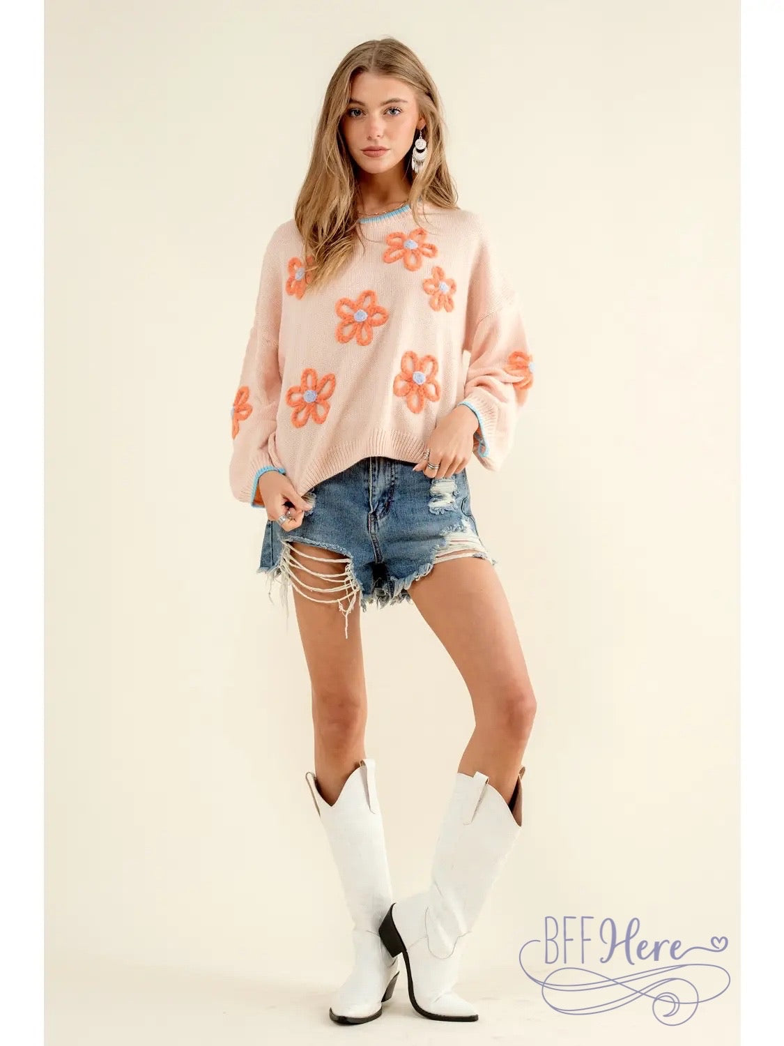 PREORDER:  Blossom Bliss: Sweater Pullover with Flower Accents (Ships End of August) - BFF Here
