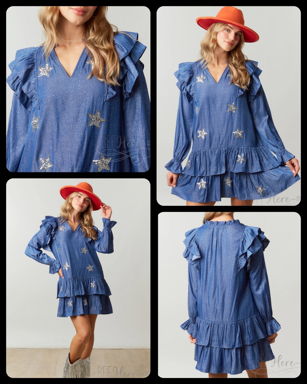 Glistening Starlight Chambray Dress with Delicate Ruffle - BFF Here