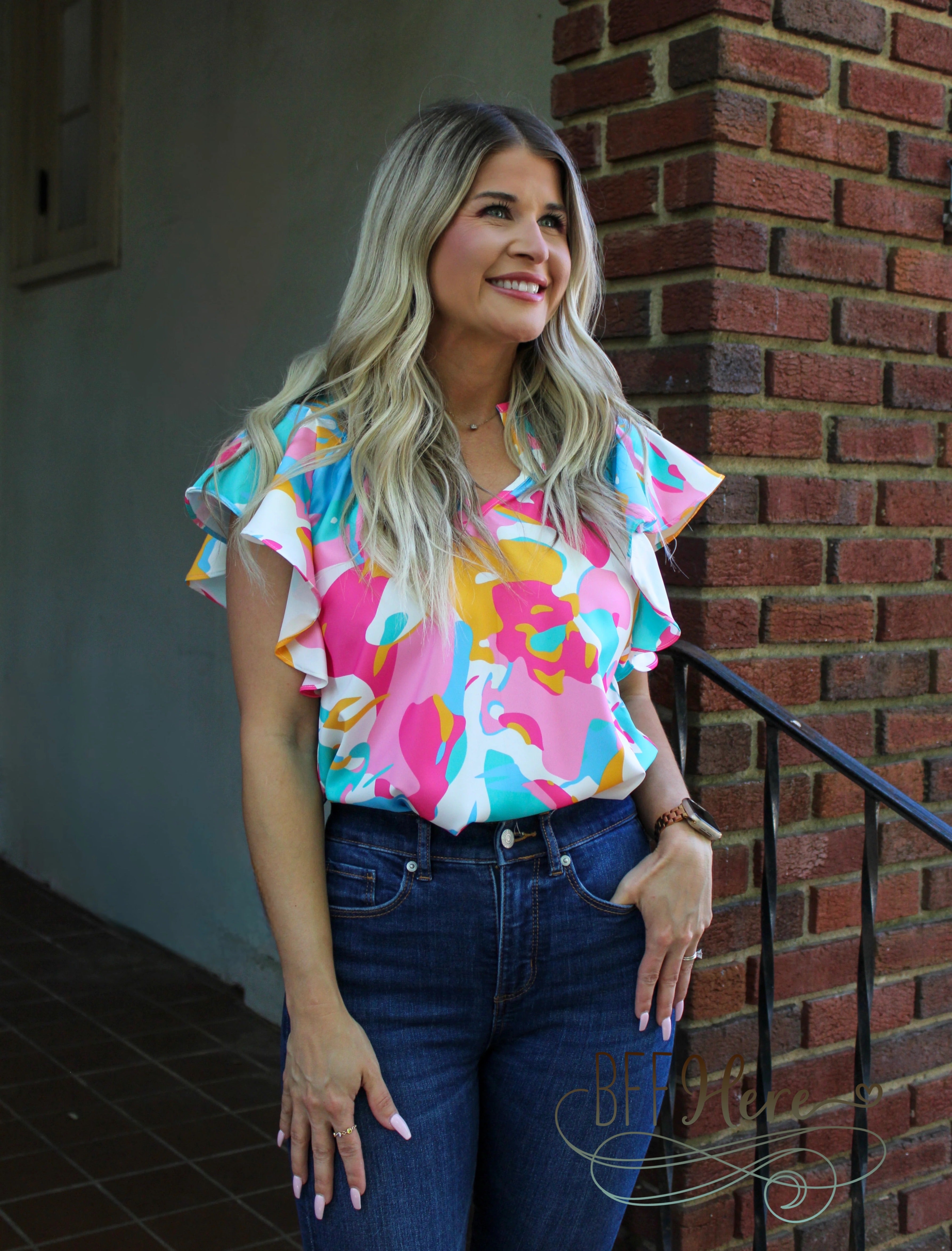 PREORDER: Tropical Breeze: Ruffle Sleeve Colorful Blouse (Ships Beginning of July) - BFF Here