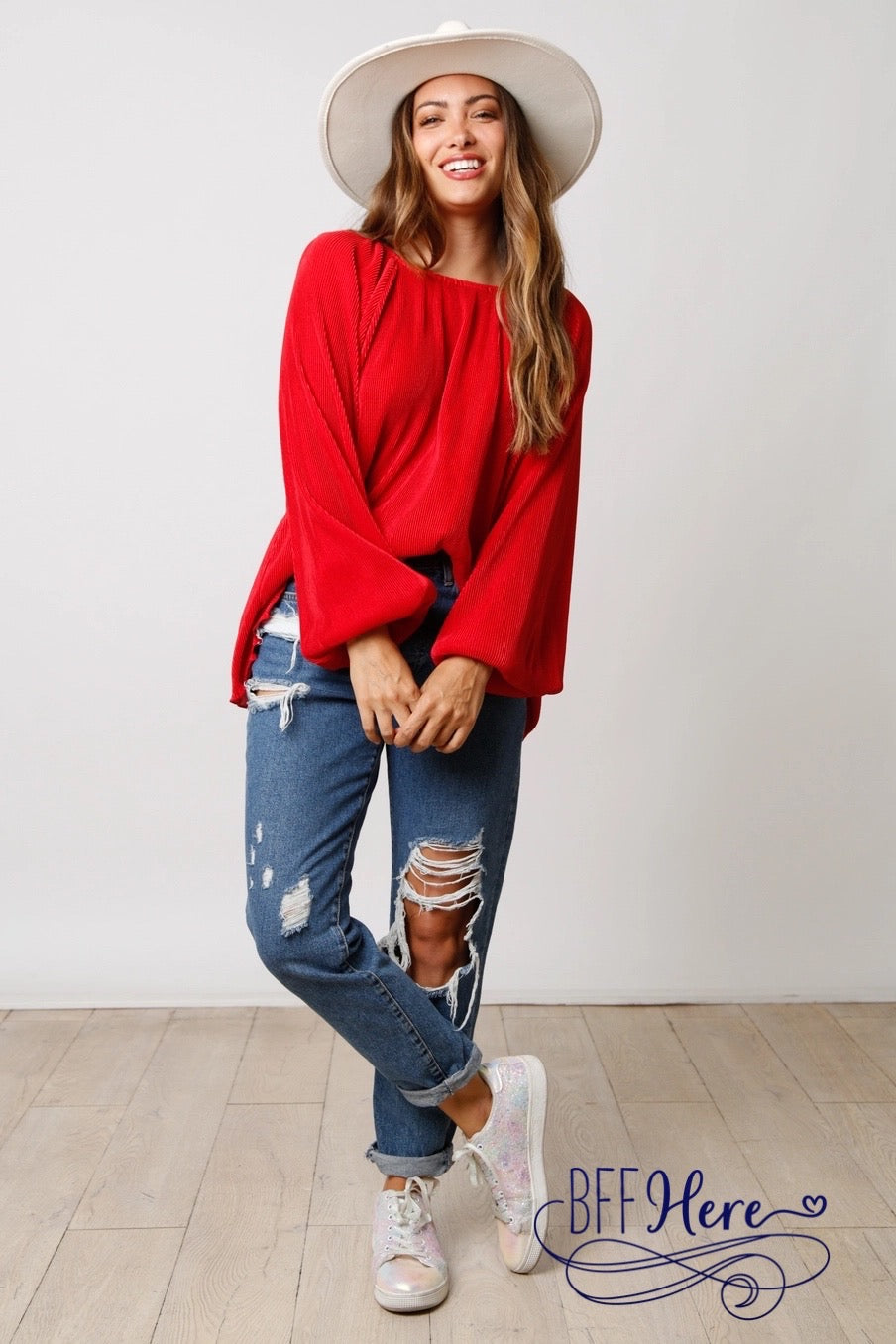 Scarlet Elegance: Back Keyhole Closure Red Blouse - BFF Here