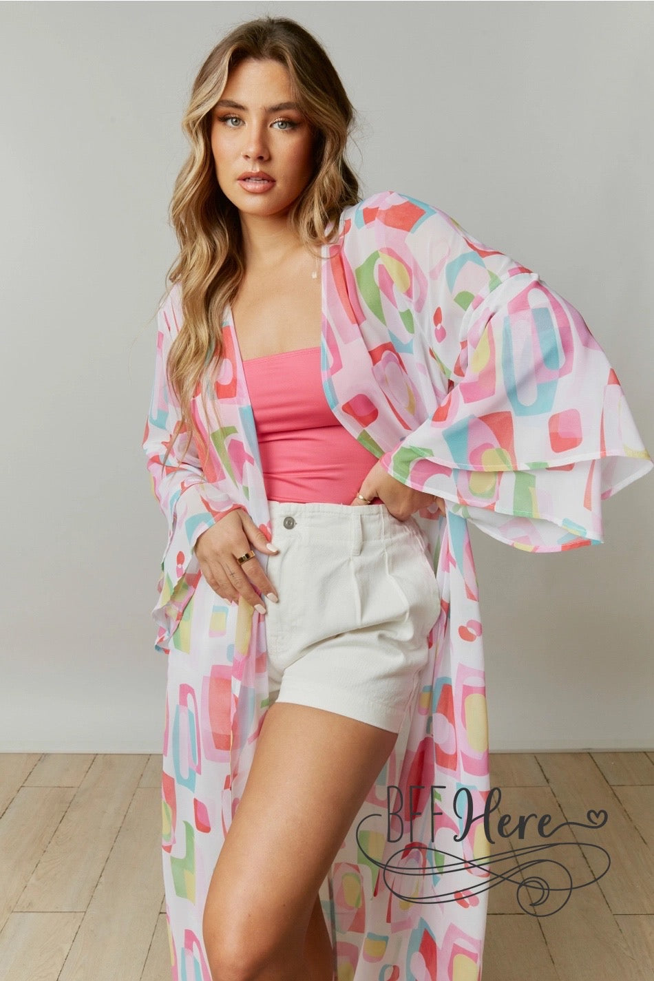 Colorblock Cascade: Multicolor Abstract Squares Kimono - BFF Here