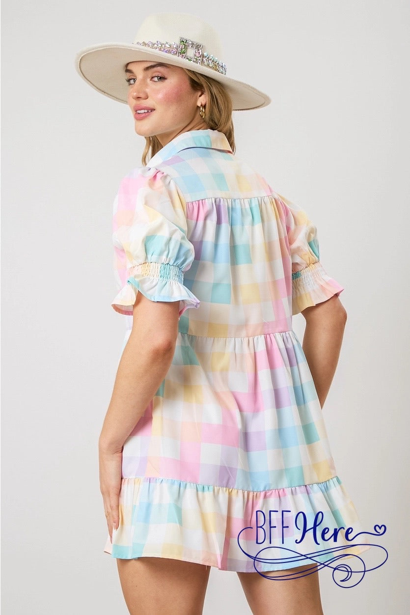 PREORDER: Pastel Perfection: Chic Checker Poplin Shirt Dress (Ships Middle of March) - BFF Here