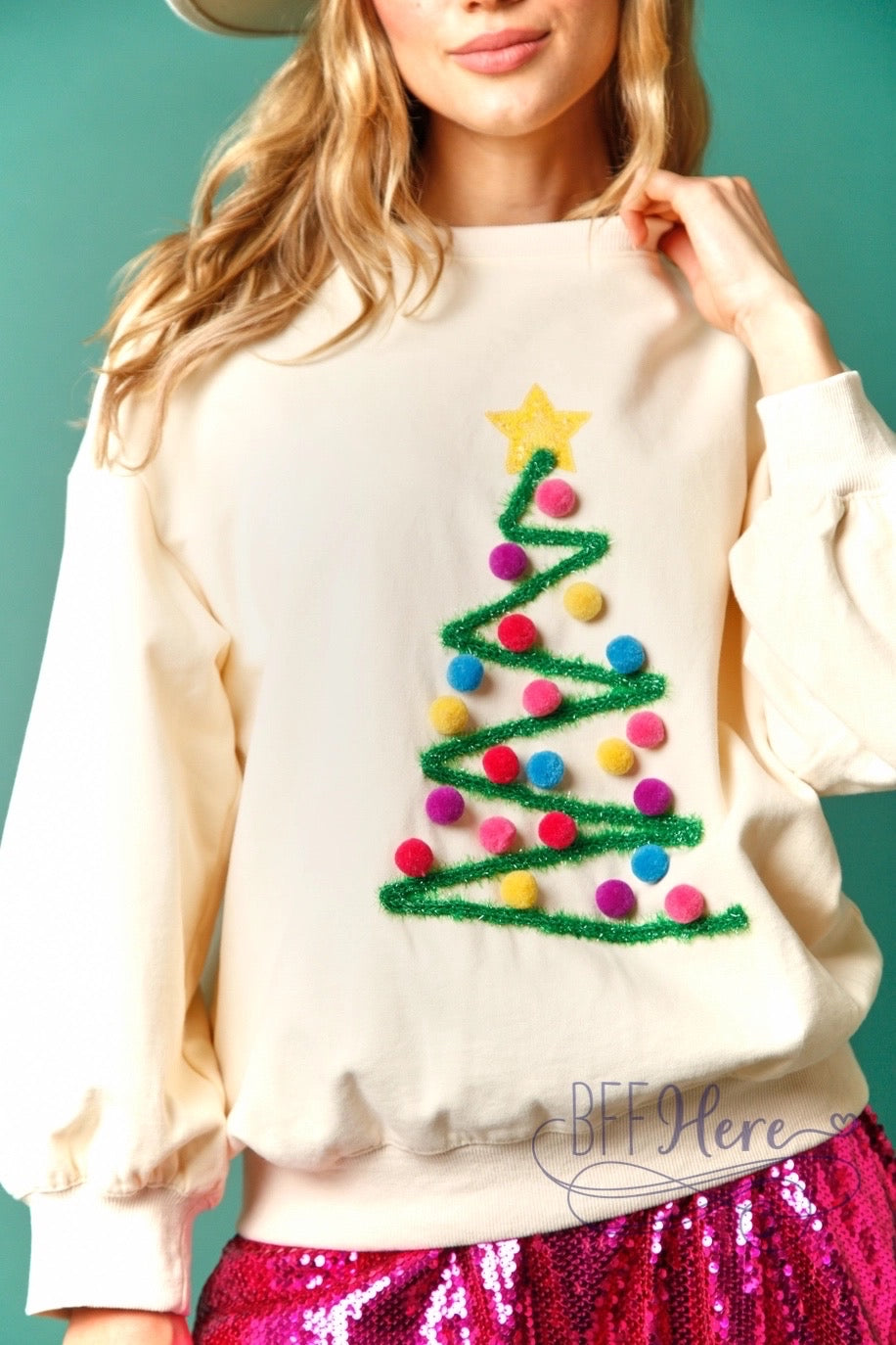 Sparkle and Shine: Multicolor Christmas Tree Lurex Sweatshirt for Festive Glamour - BFF Here