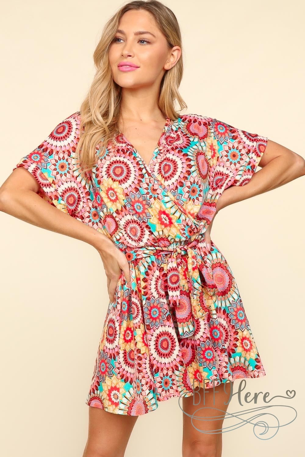 PREORDER: Sunset Mosaic: Vibrant Print Wrap Romper (Ships End of May) - BFF Here