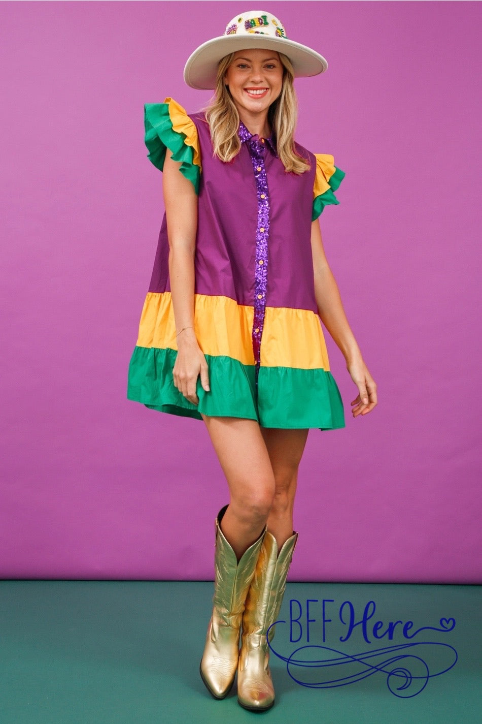 Mardi Gras Magic: Color Block Dress with Ruffle Sleeves - BFF Here