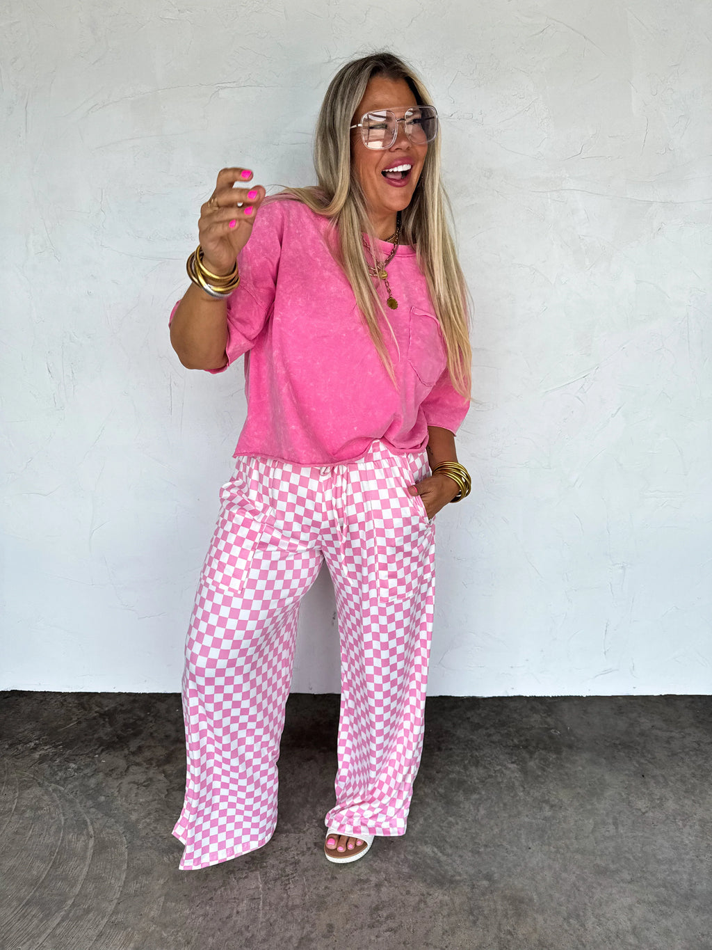 Haddie Wide Leg Checker Pants by Blakeley - BFF Here