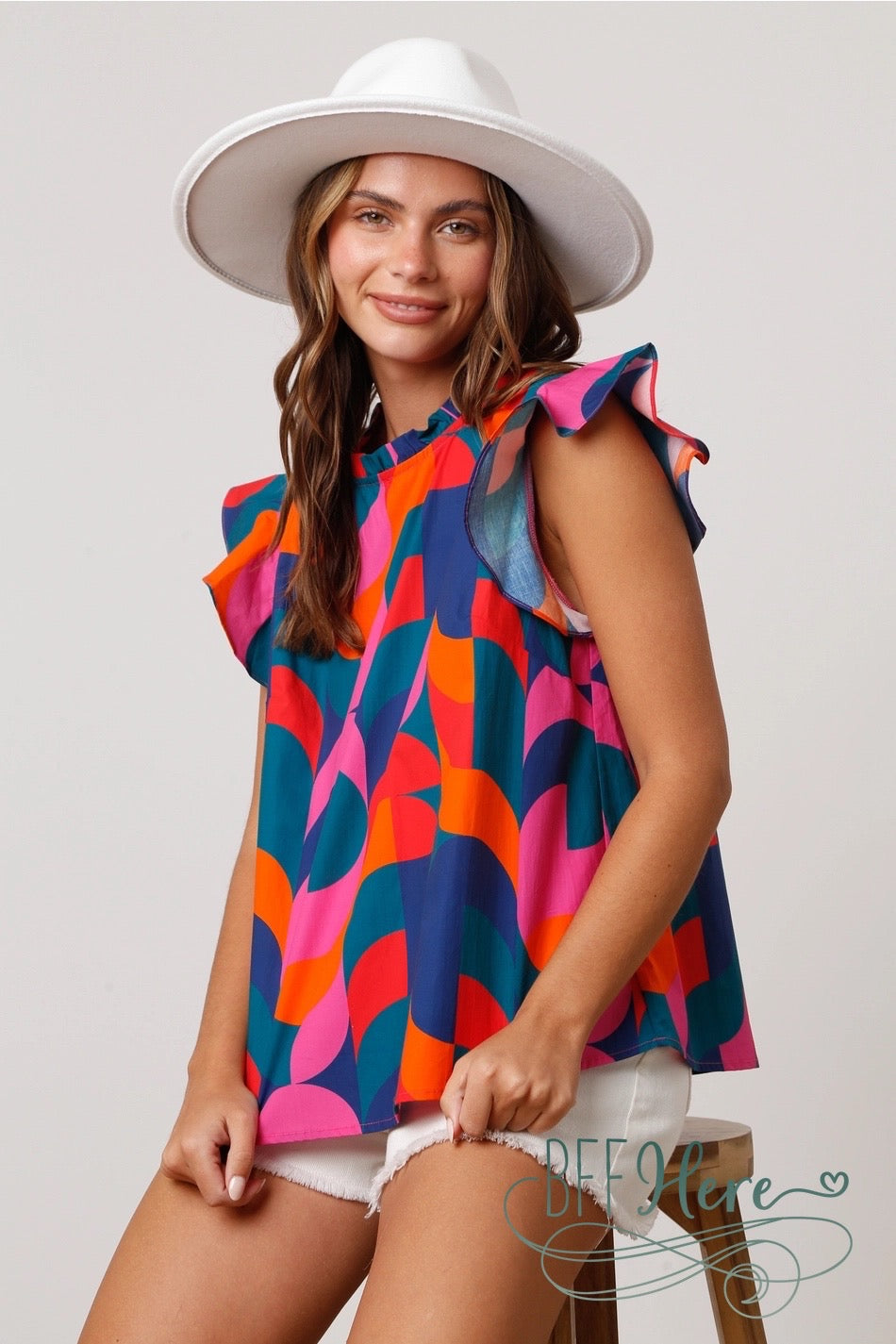 Geometric Grace: Chic Ruffle Neck Top - BFF Here