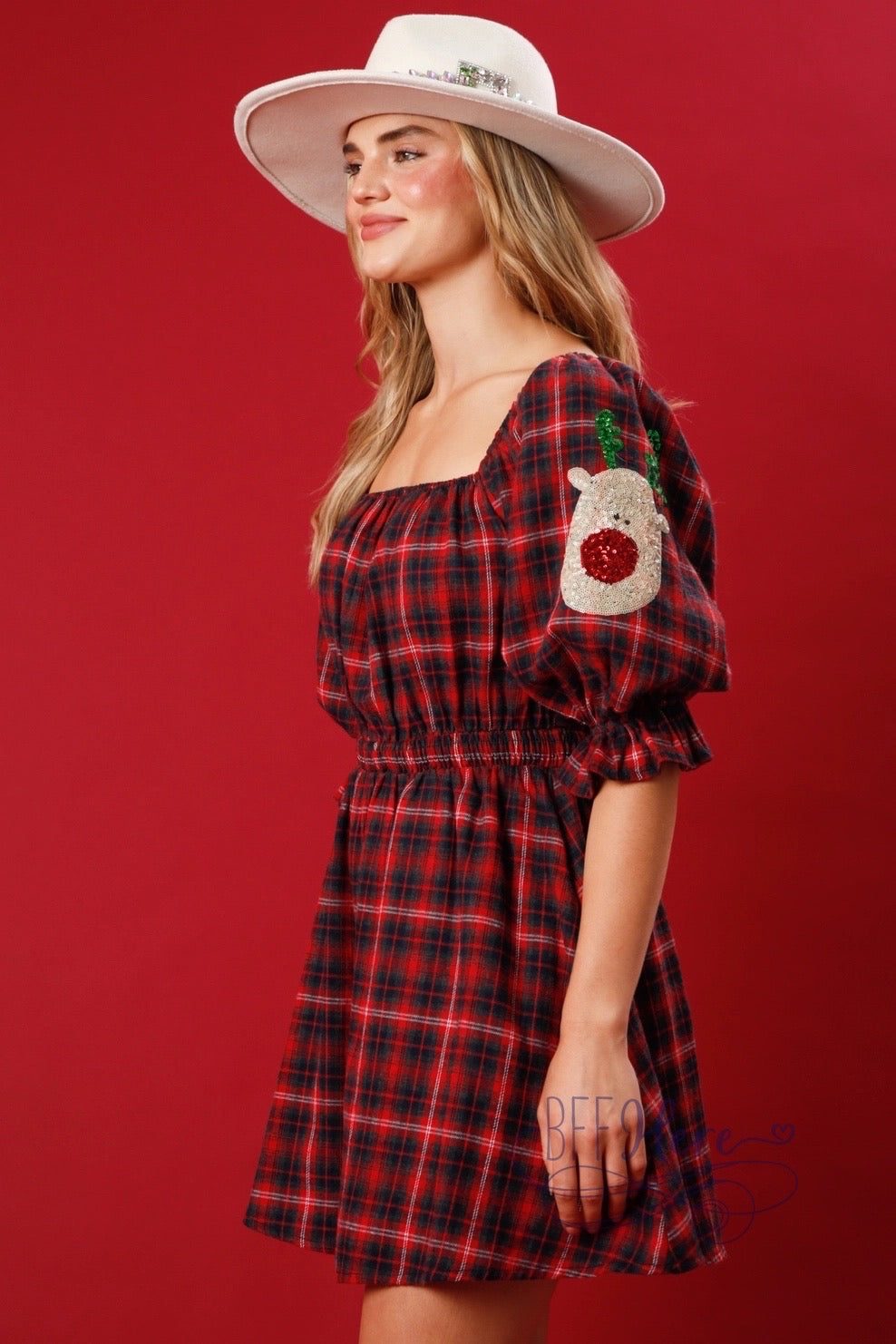 Rudolph's Runway: The Sizzling Sequin Reindeer Plaid Mini Dress! - BFF Here