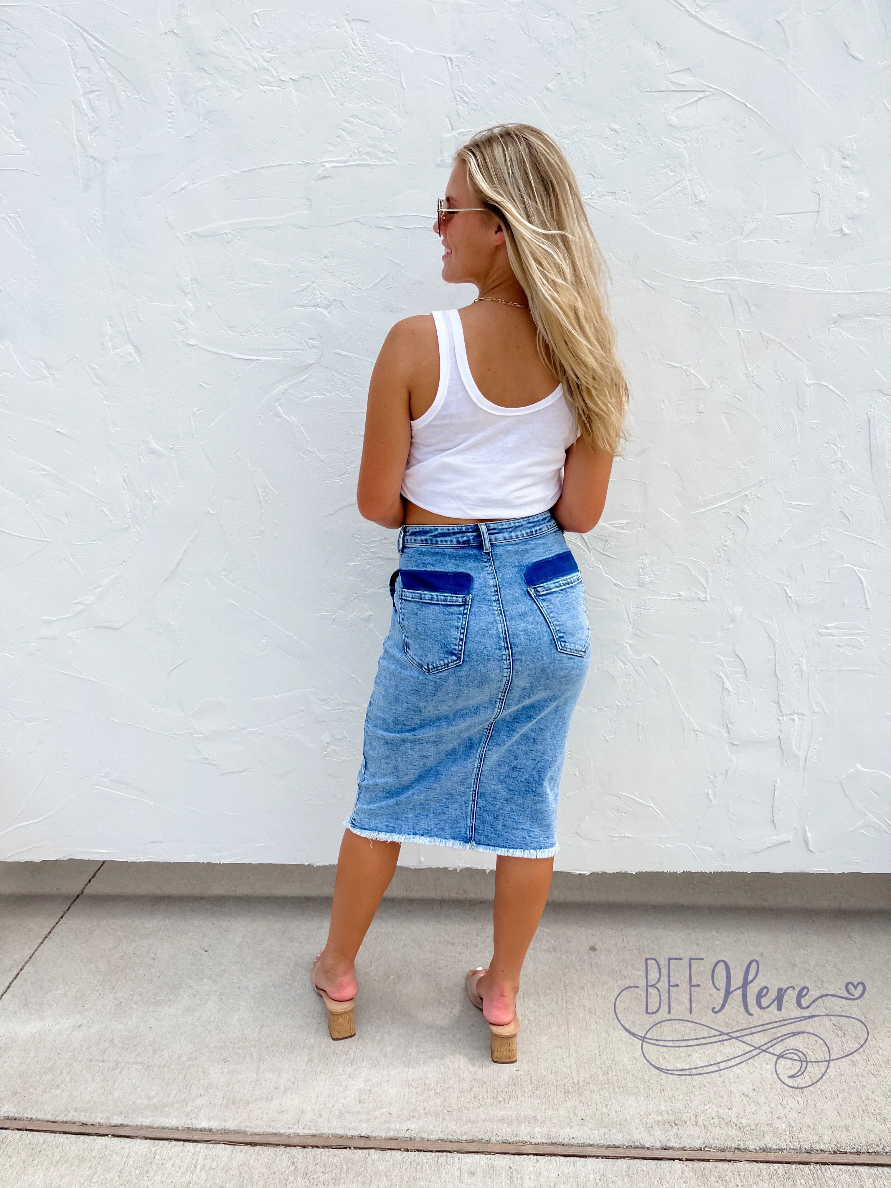 PREORDER: Denim Dreams: Asymmetrical Front-Button Denim Skirt  (Ships Middle Of October) - BFF Here