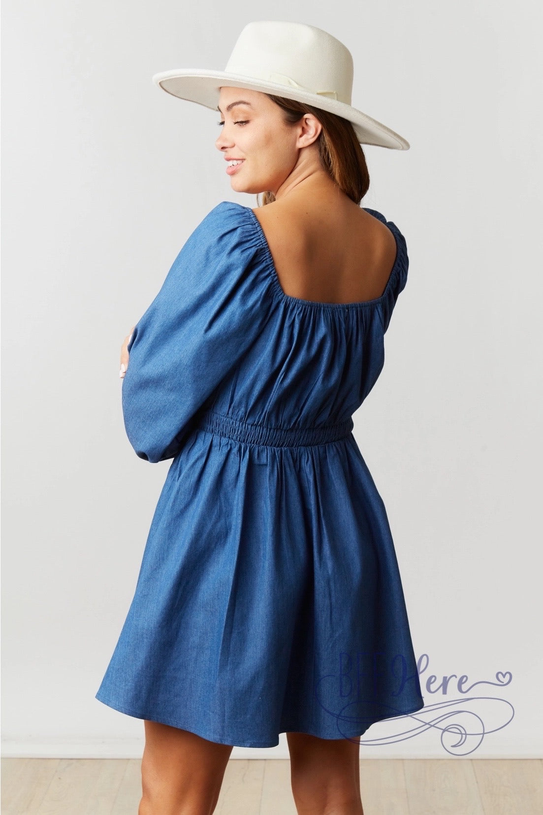 Cowgirl Couture: Denim Puff Sleeve Dress Featuring Boot and Hat Accents - BFF Here