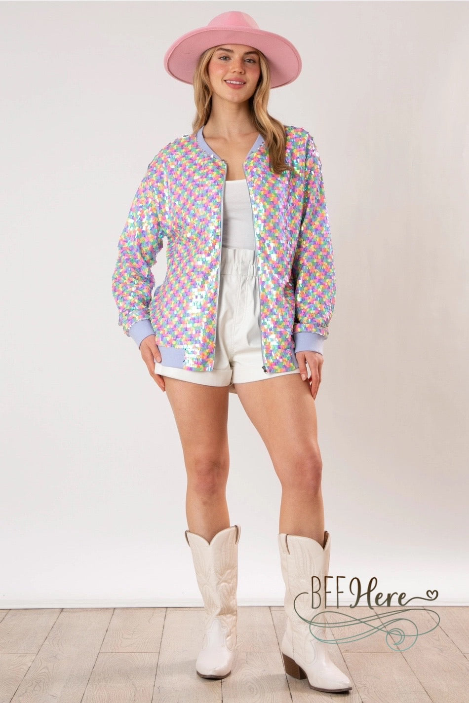 Pastel Prism Sequin Bomber Jacket - BFF Here