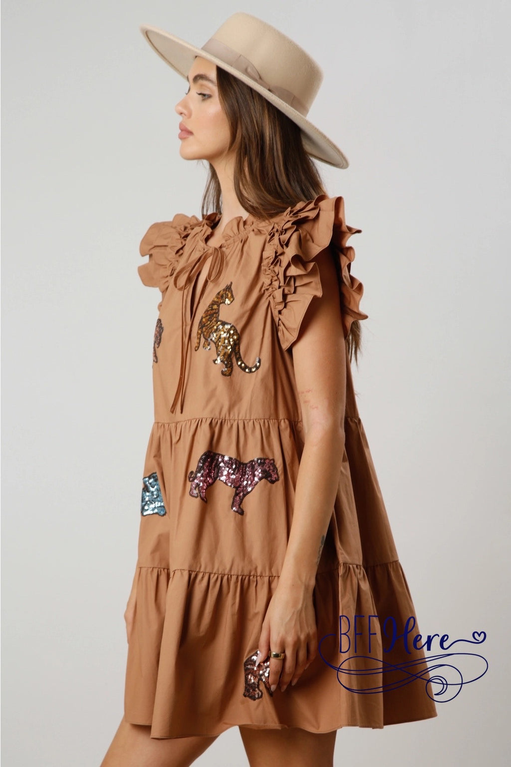 Glittering Jungle: Sequin Tiger Tiered Mini Dress / Choice of Color - BFF Here