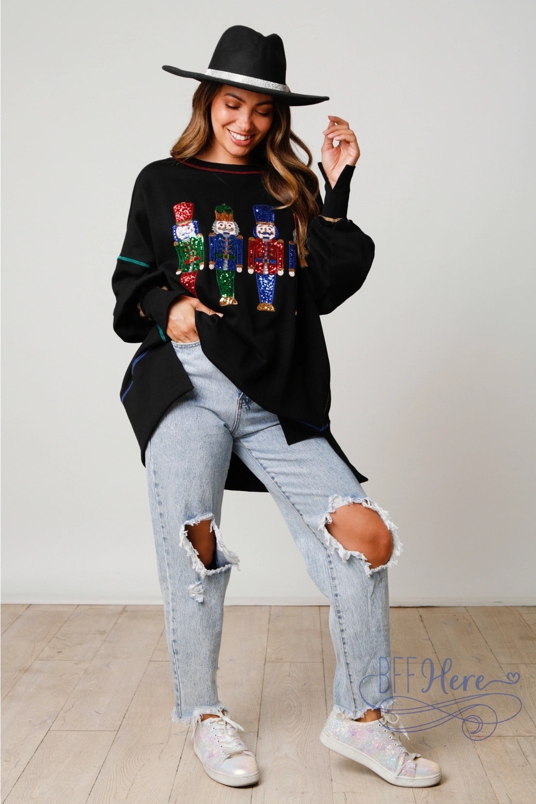 Sparkle in the Spotlight: Nutcracker Sequin Sweatshirt for Holiday Cheer / Choice of Color - BFF Here