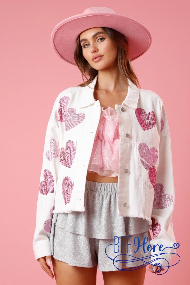 PREORDER: Denim Romance: Rhinestone Hearts Cropped Jacket (Ships End of January) - BFF Here