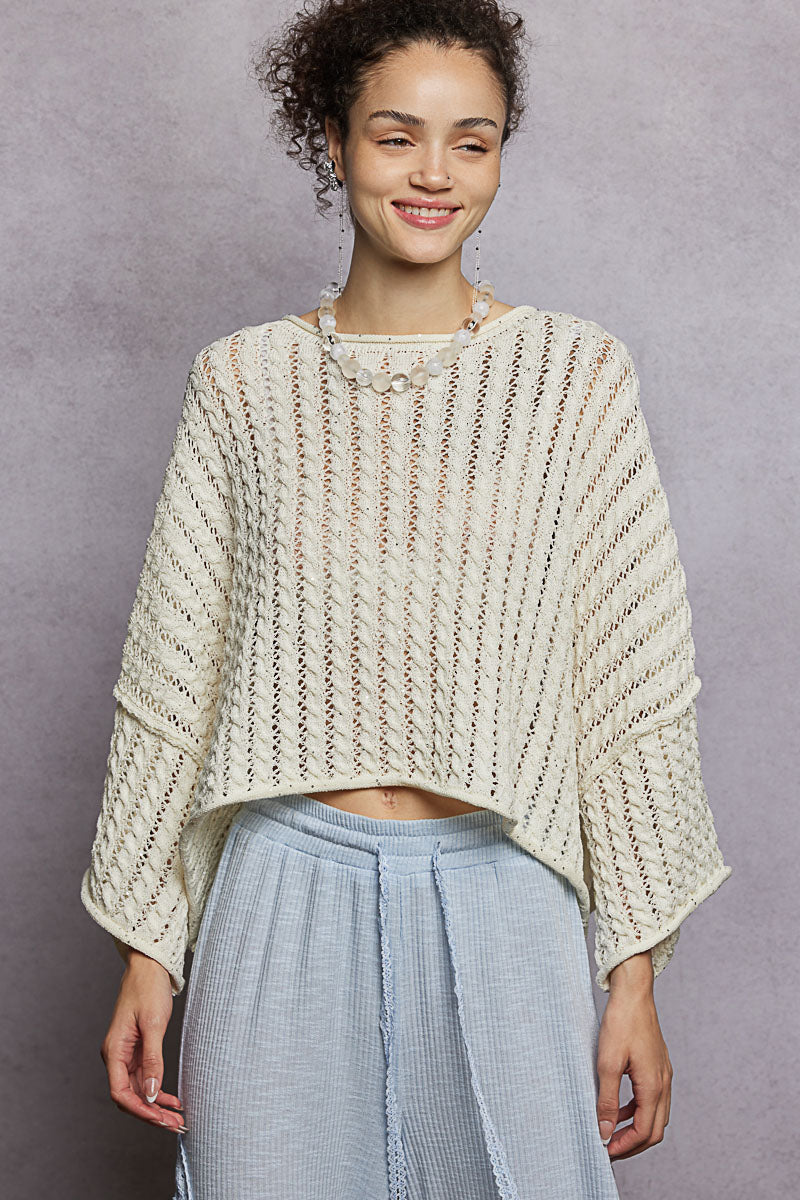 3/4 Sleeve Solid Shiny Thin Acrylic Sweater Cropped Top by POL (Ships 2-3 weeks) - BFF Here