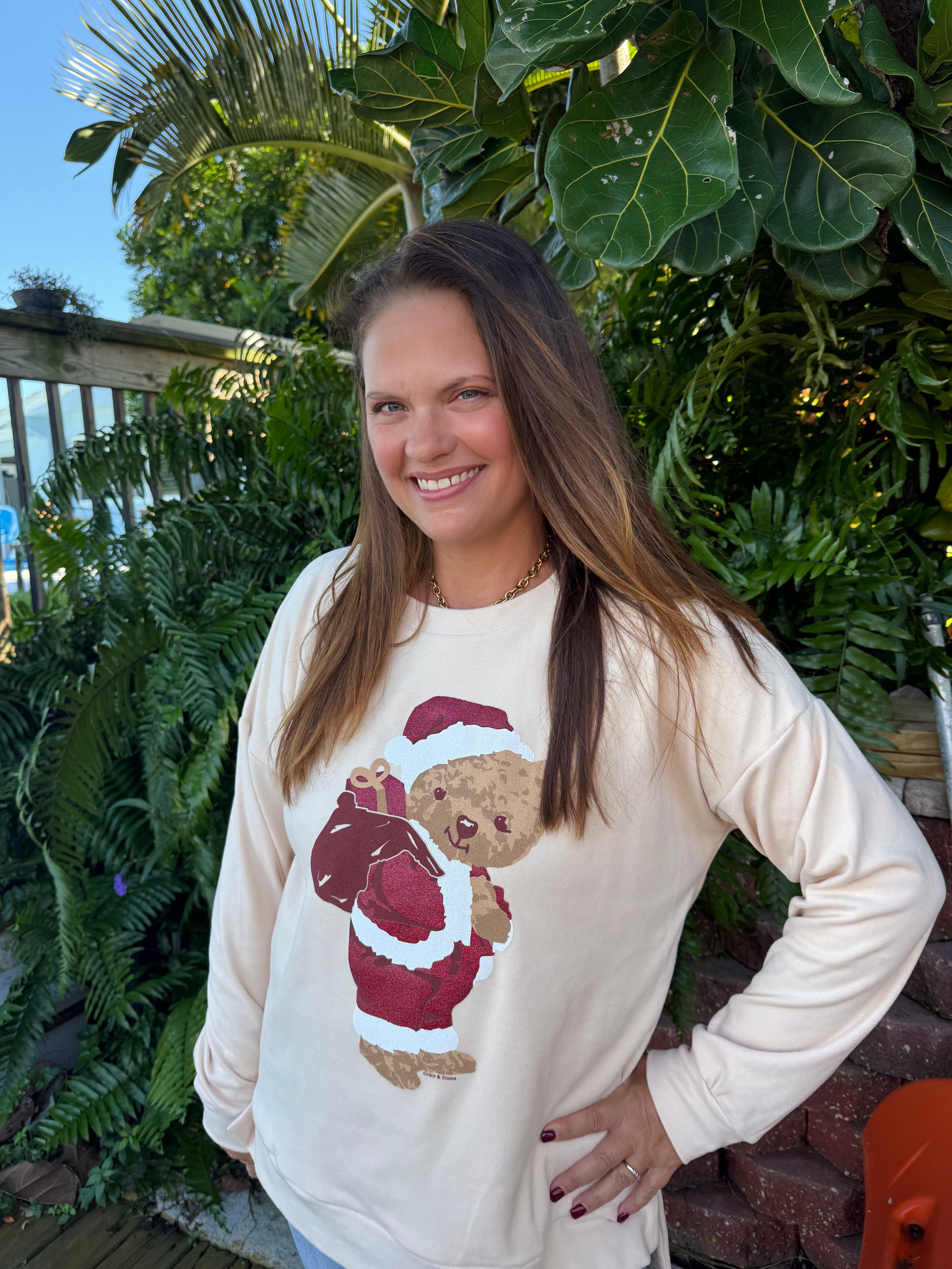 Teddy Bear Santa Micro Fleece Crewneck by Grace and Emma - BFF Here
