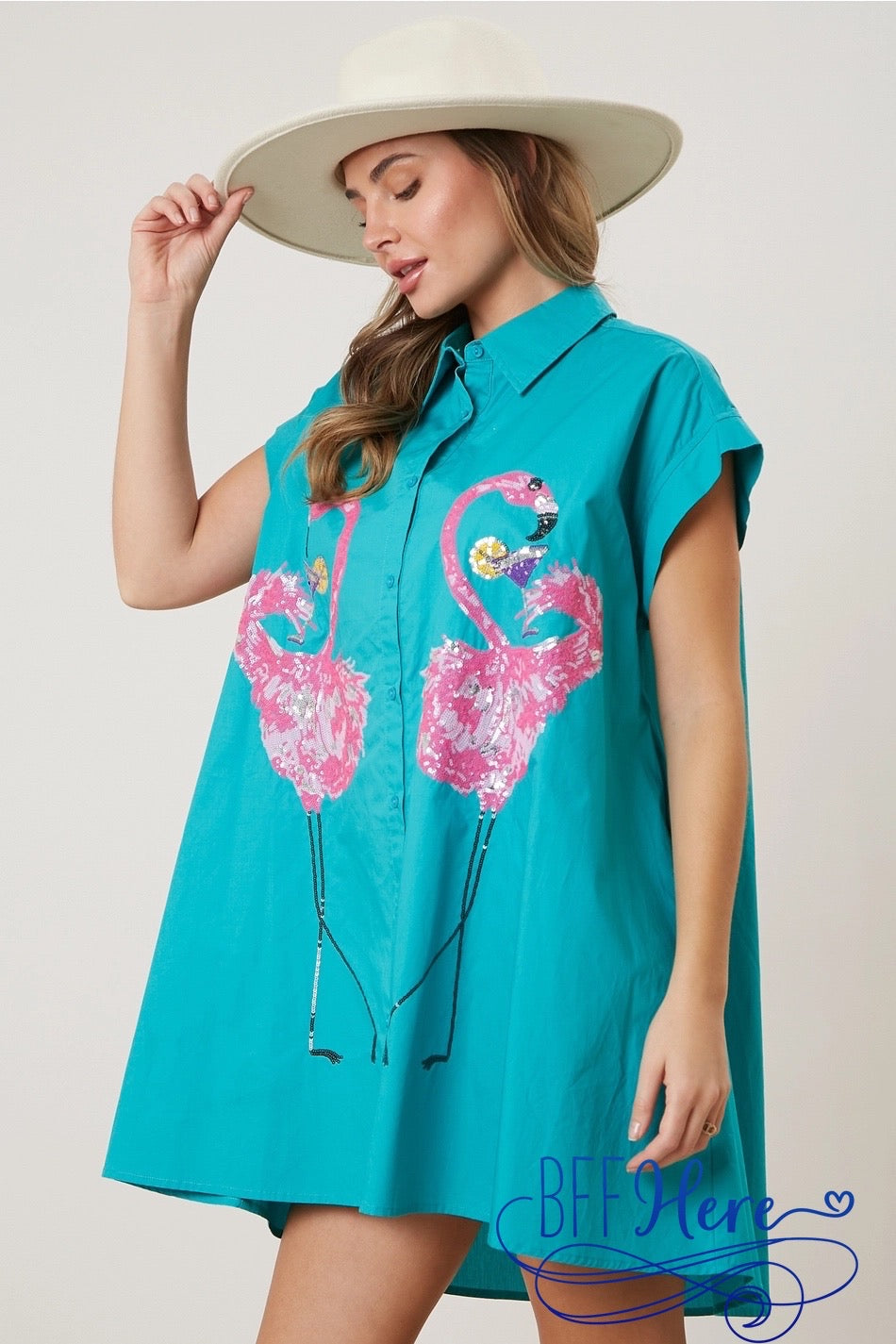 PREORDER: Glittering Flock: Sequin Flamingoes Shirt Dress (Ships End of February) - BFF Here