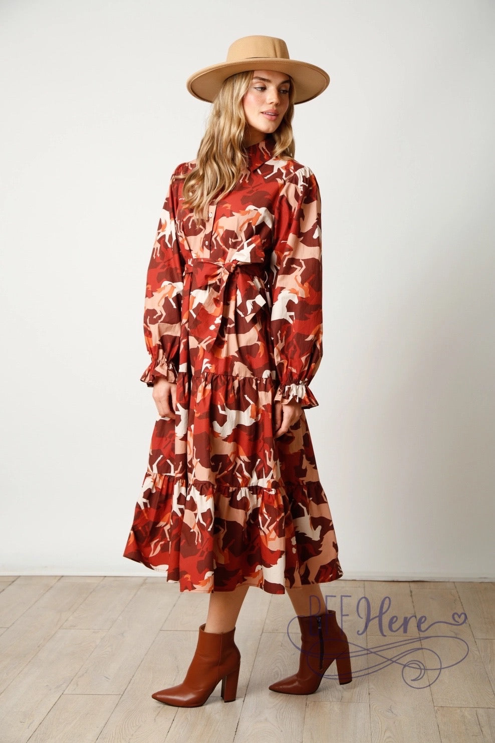 Equestrian Elegance: Horse Print Poplin Maxi Dress - BFF Here
