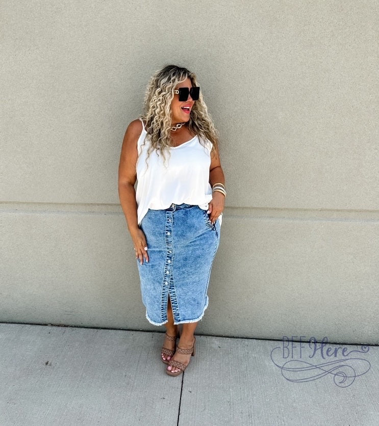 PREORDER: Denim Dreams: Asymmetrical Front-Button Denim Skirt  (Ships Middle Of October) - BFF Here