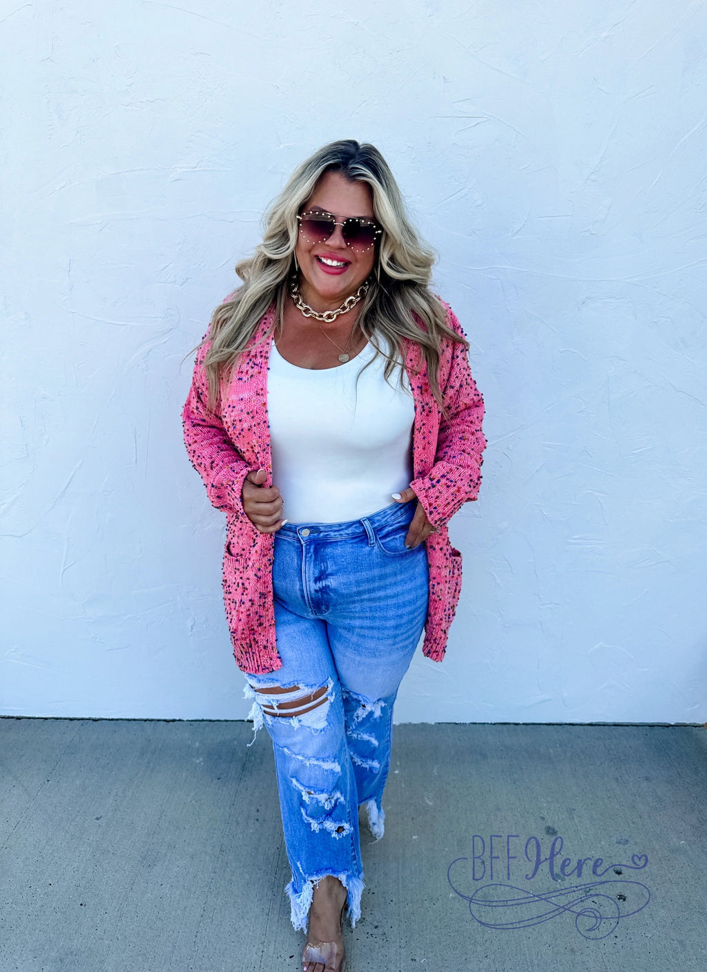 Cozy Meets Chic: The Chunky Dot Knit Cardigan - Bubble Gum - BFF Here