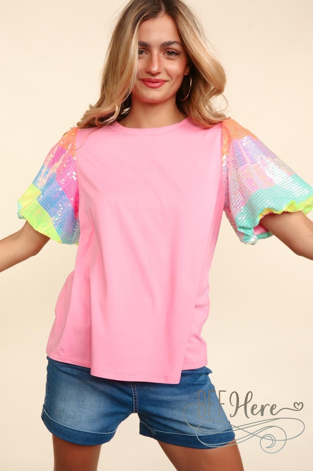 PREORDER: Sparkle Splash: Bubblegum Pink Tee with Sequin Sleeves (Ships Middle of May) - BFF Here