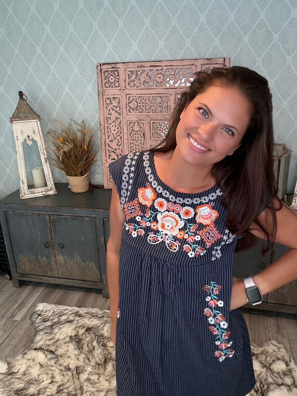 Folk Flair: Navy Sundress with a Pop of Floral Embroidery - BFF Here