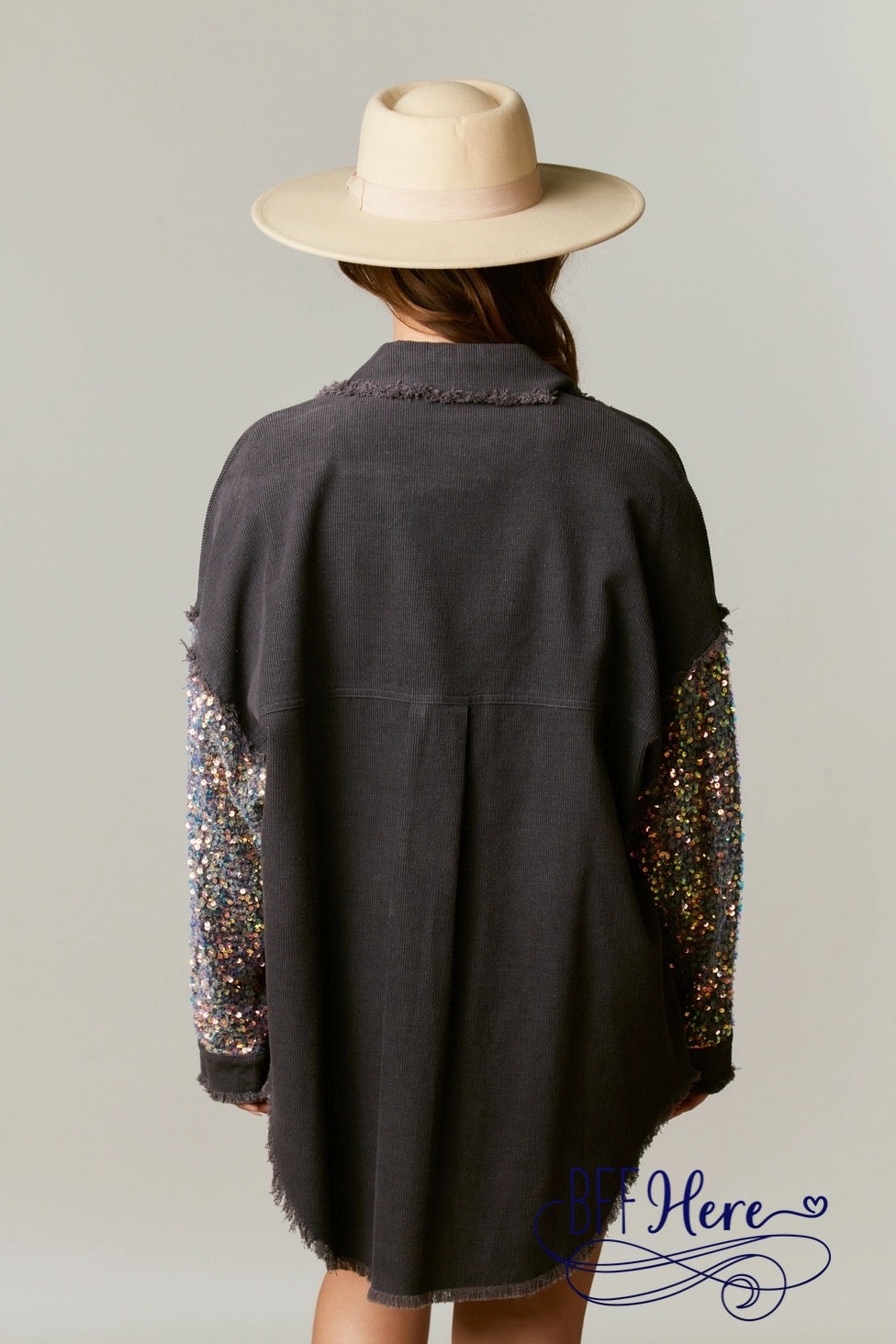 Sequin Sparkle Corduroy Shacket: Embellished Pockets & Sleeves - BFF Here