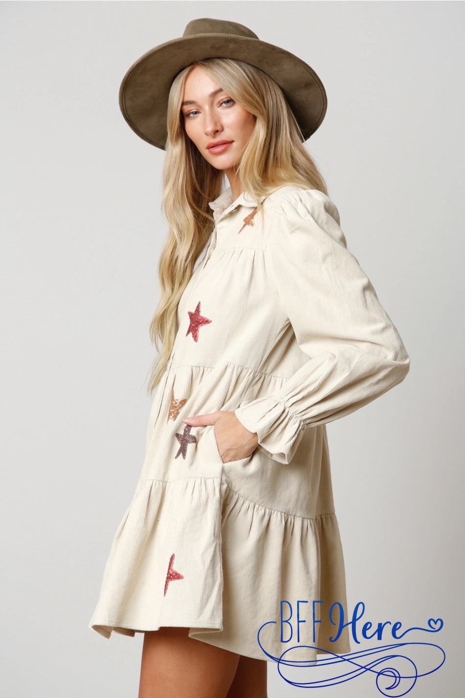 Celestial Sparkle: Star Sequin Corduroy Tiered Shirt Dress - BFF Here