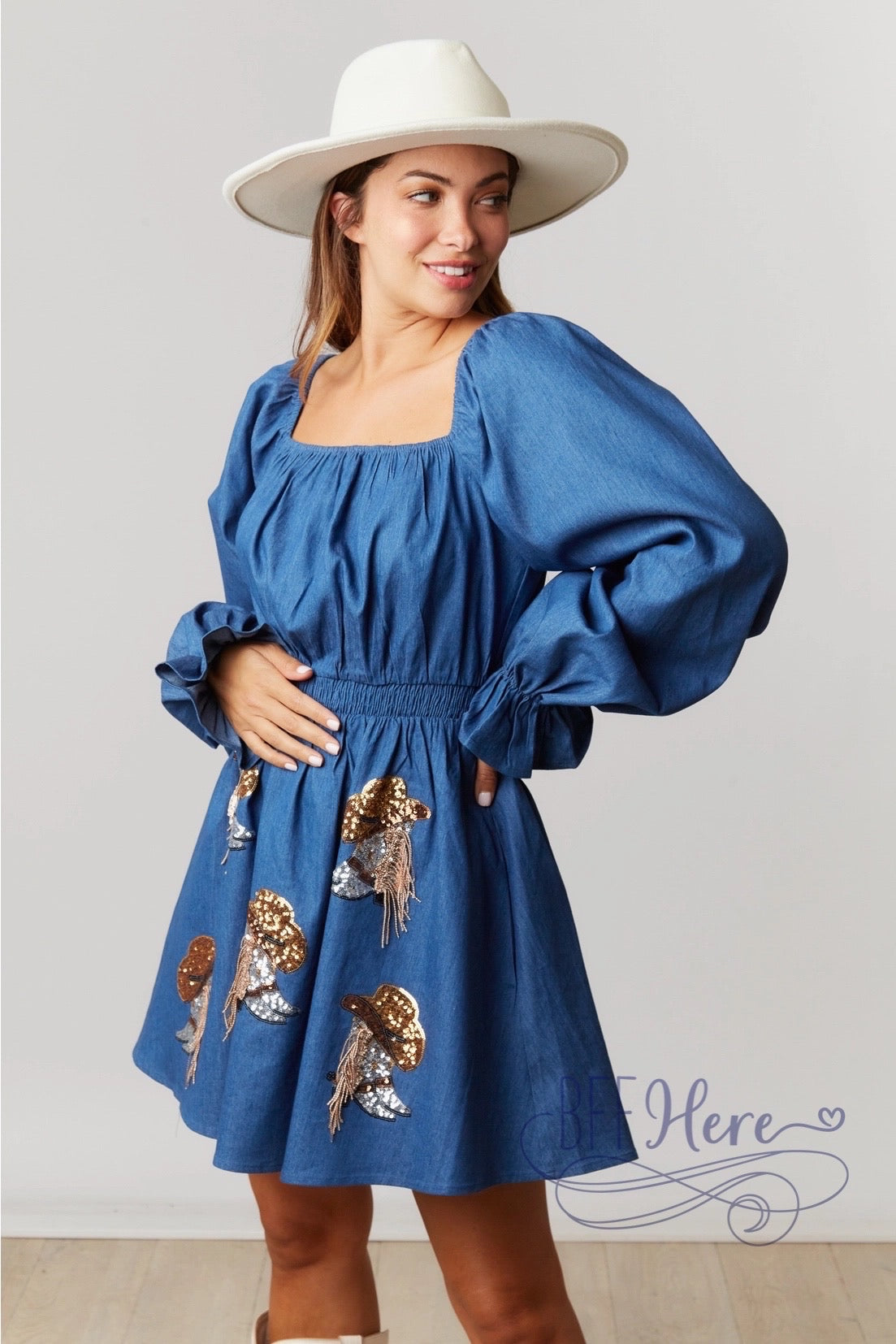 Cowgirl Couture: Denim Puff Sleeve Dress Featuring Boot and Hat Accents - BFF Here