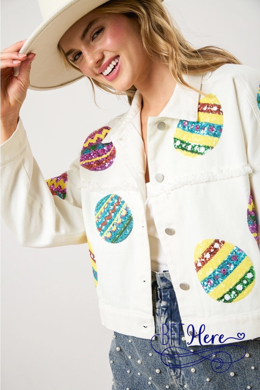 PREORDER: Egg-cellent Shine: Sequin Egg Twill Jacket (Ships End of February) - BFF Here