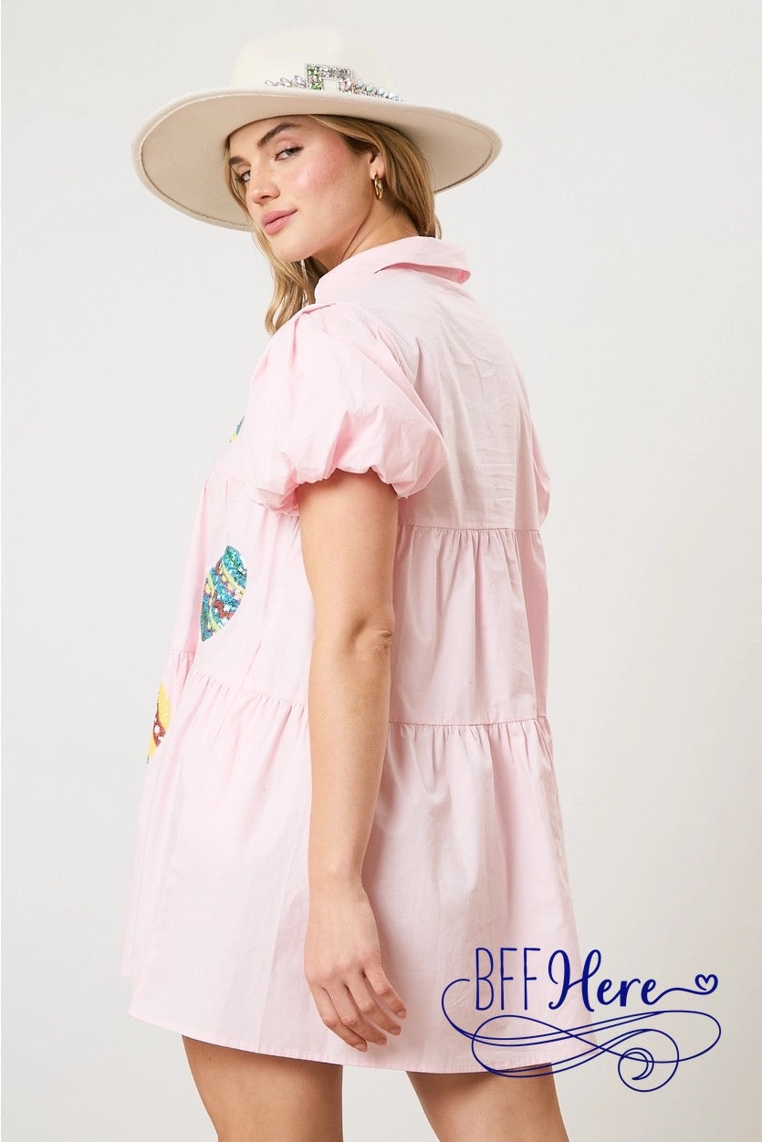 PREORDER: Glittering Egg Hunt: Sequin Easter Poplin Shirt Dress (Ships End of February) - BFF Here