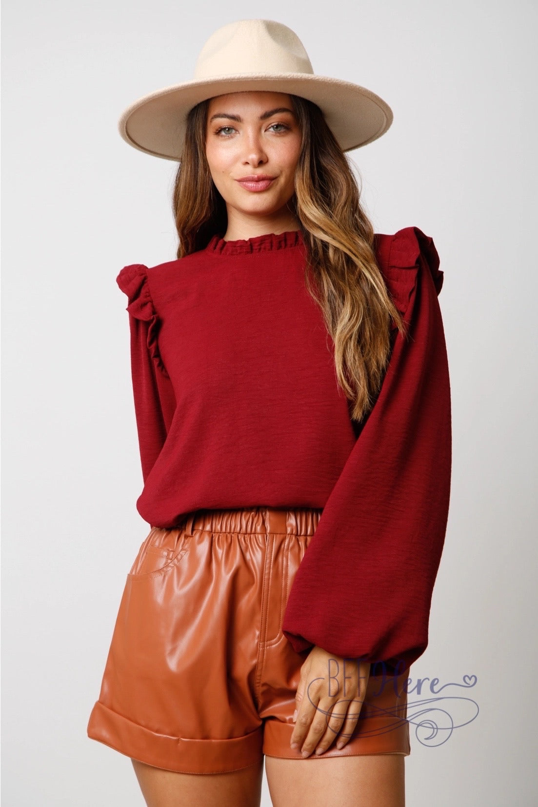 Elegant Woven Mock Neck Blouse with Ruffled Details: A Chic Statement Piece - BFF Here