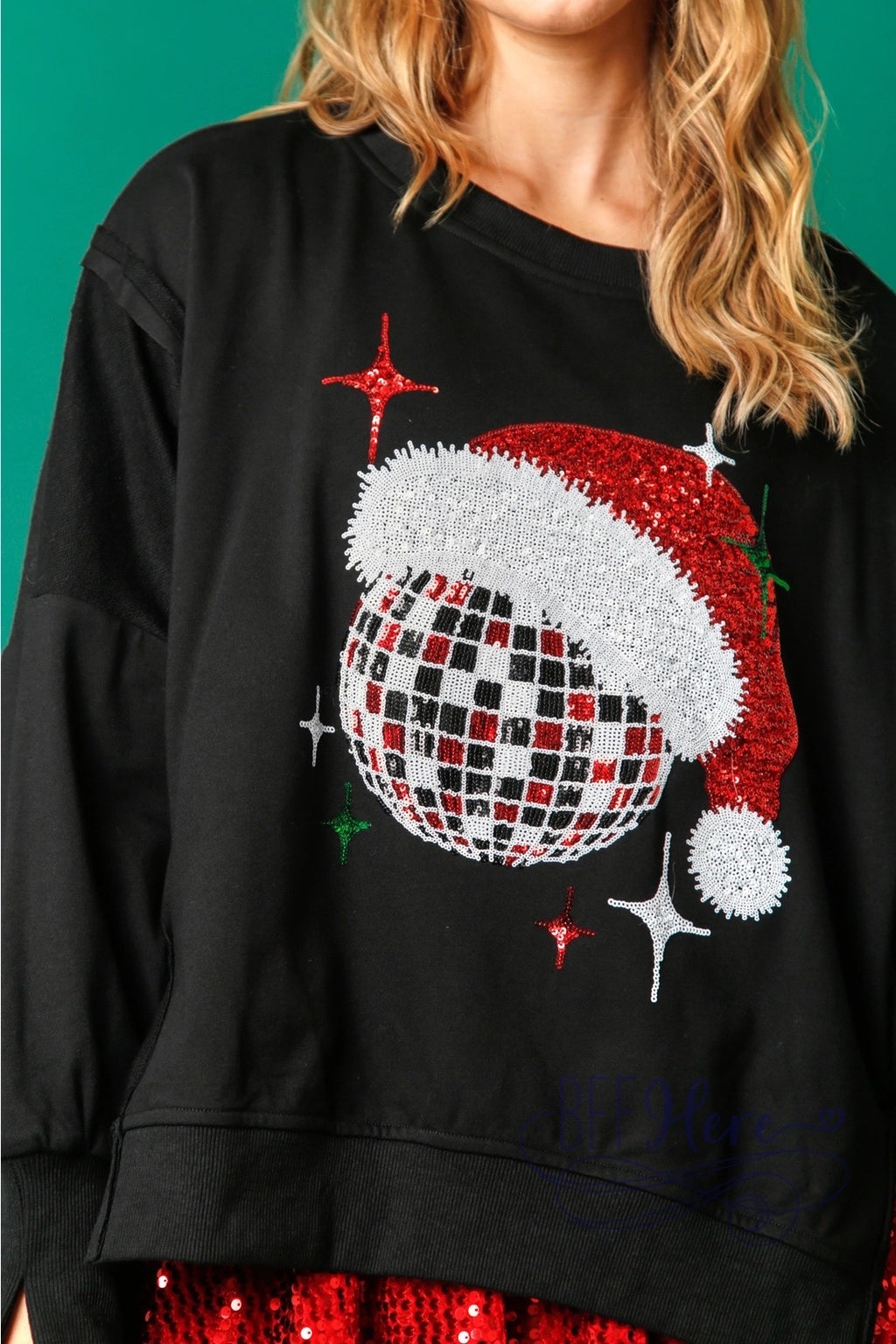Festive Groove: Sequin Christmas Disco Ball Sweatshirt - BFF Here