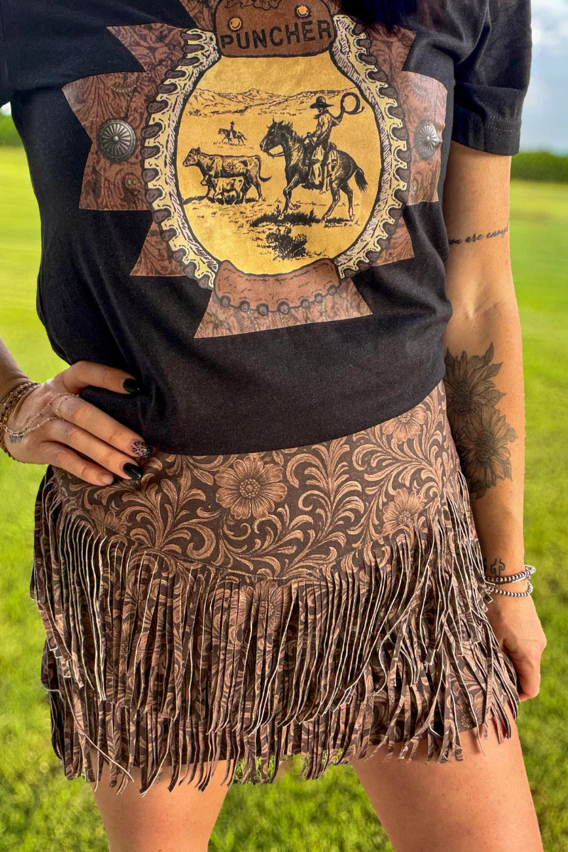Fort Worth Fringe Skirt / Tooled Leather by Sterling Kreek (Ships in 1-2 weeks)