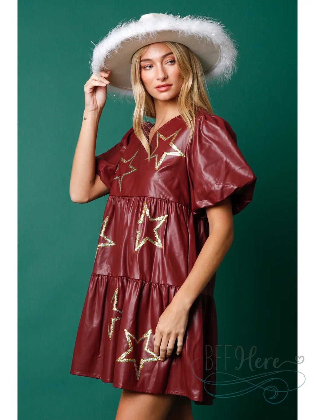 Celestial Chic: Star-Embellished Faux Leather Dress - BFF Here