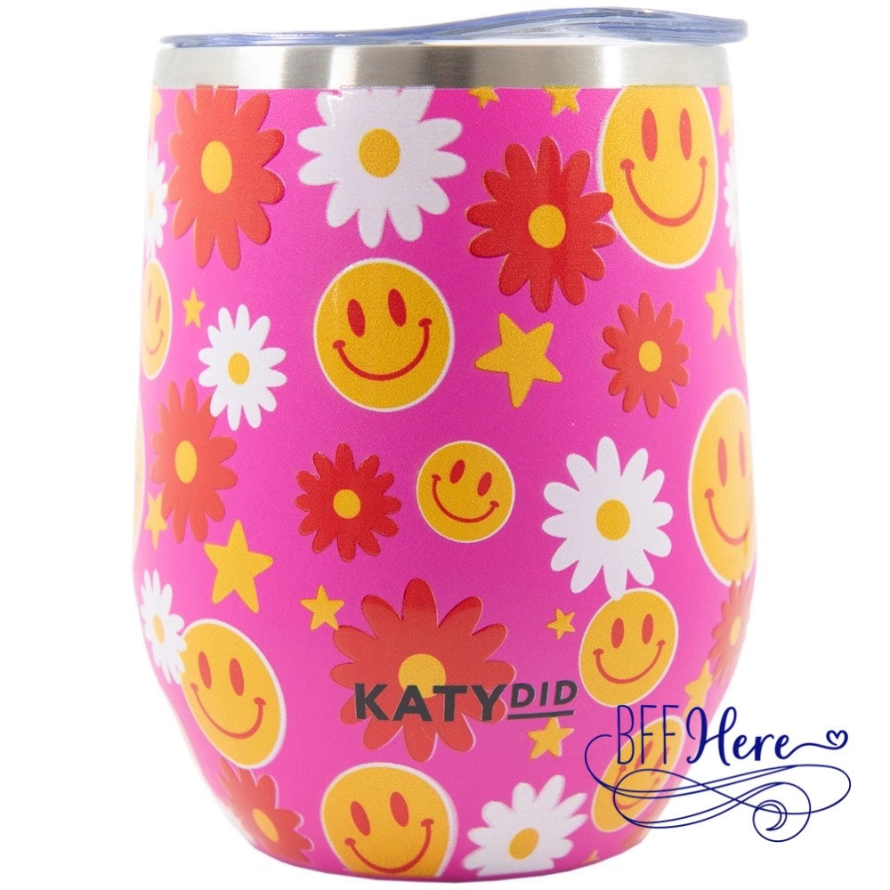 Red Flower Happy Face Wine Tumbler with Lid - BFF Here