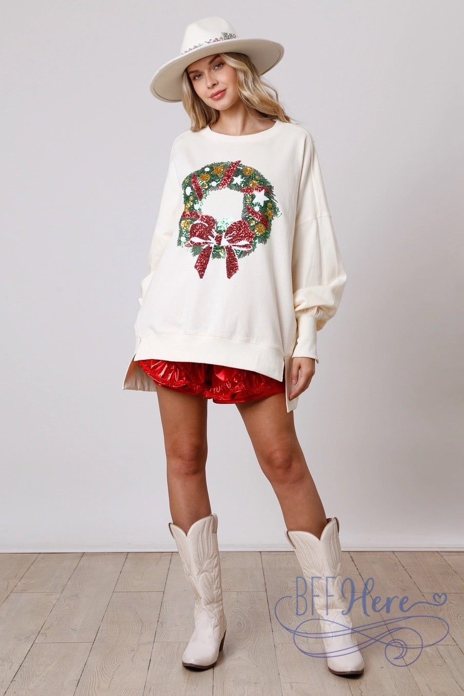 Festive Sparkle Sequin Christmas Wreath Sweatshirt / Choice of Color (Pink Ships Beginning of November) - BFF Here