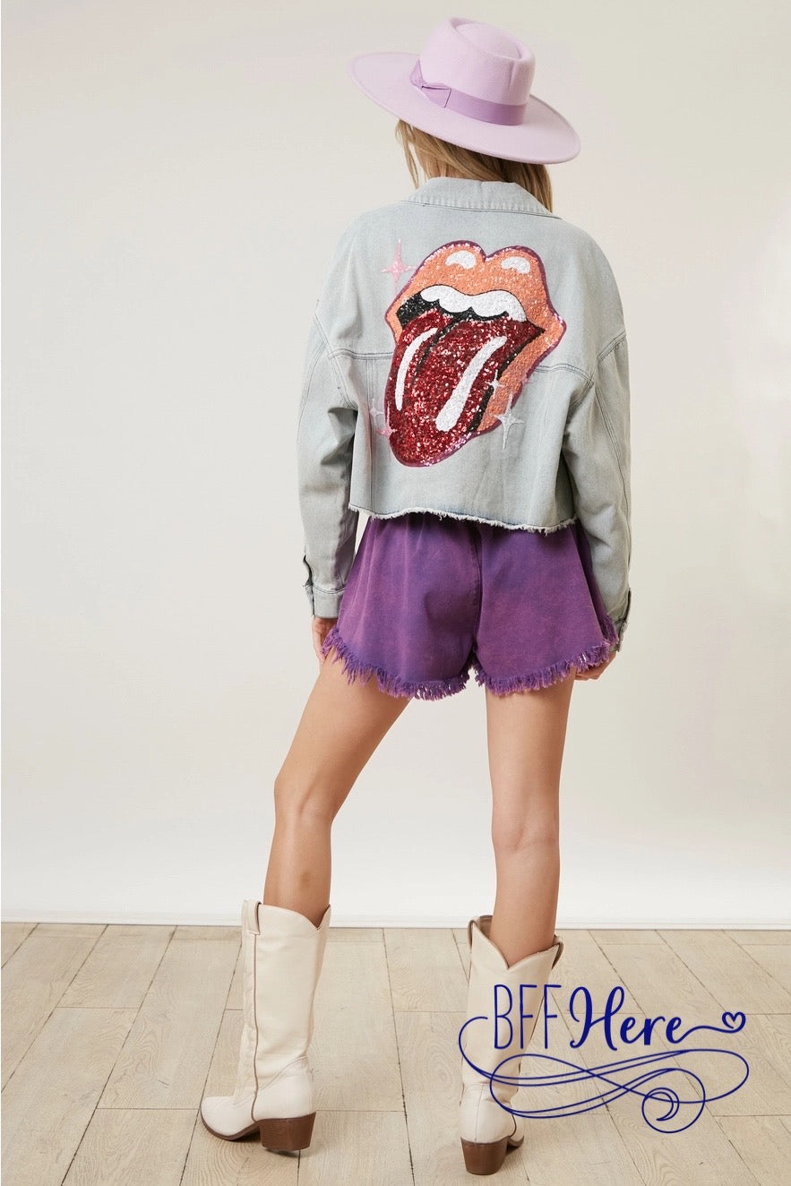 PREORDER: Rock 'n' Sparkle: Sequined Rolling Stones Denim Jacket (Ships Middle of February ) - BFF Here