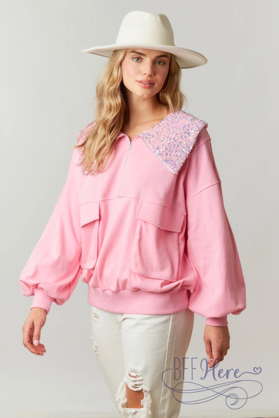 Elegant Fusion: French Terry & Sequin Half-Zip - BFF Here