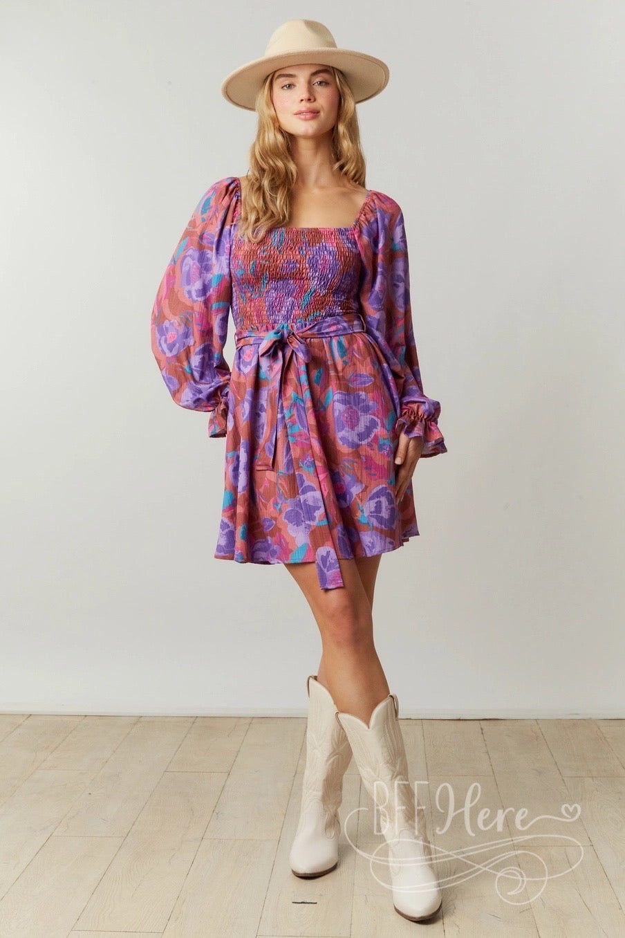 Romantic Garden: Whimsical Floral Smocked Dress with Chic Puff Sleeves - BFF Here