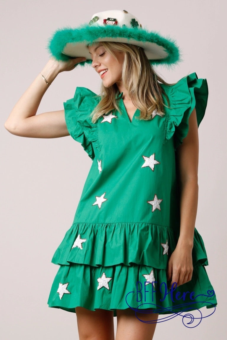 Emerald Twinkle: Sequin Stars Green Tiered Dress - BFF Here