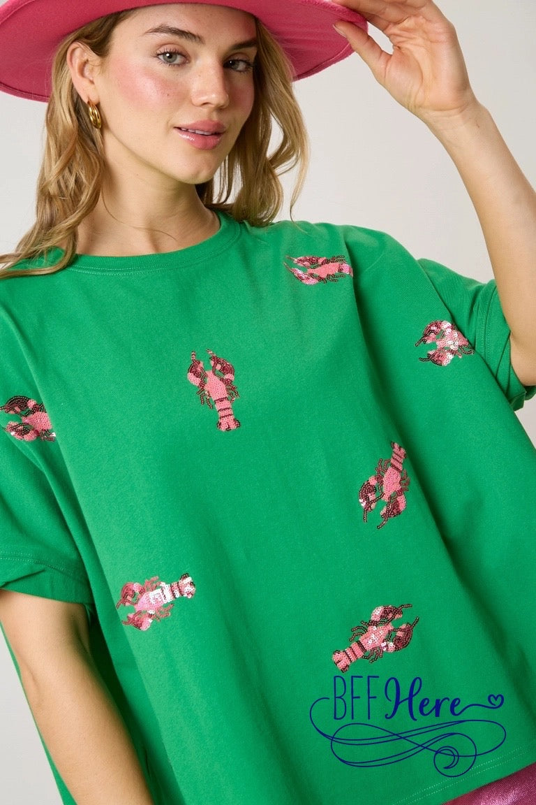 Ocean Glam: Lobster Sequin Patch T-Shirt - BFF Here