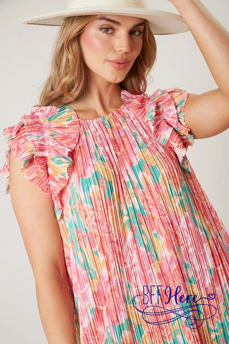 Flower Finesse: Playful Pleated Satin Mini Dress - BFF Here
